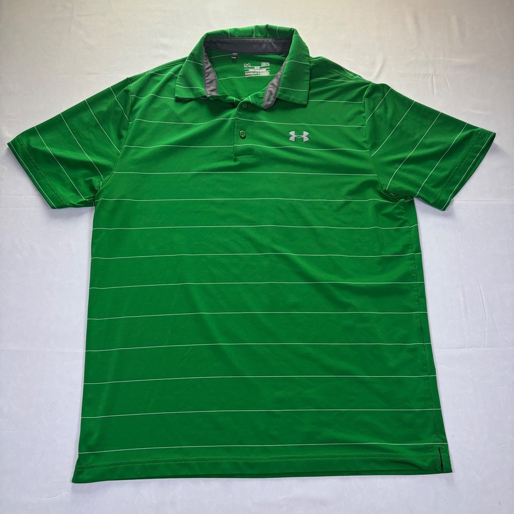 Under Armour HeatGear Mens Polo Shirt Large Green White Striped Loose Fit Golf